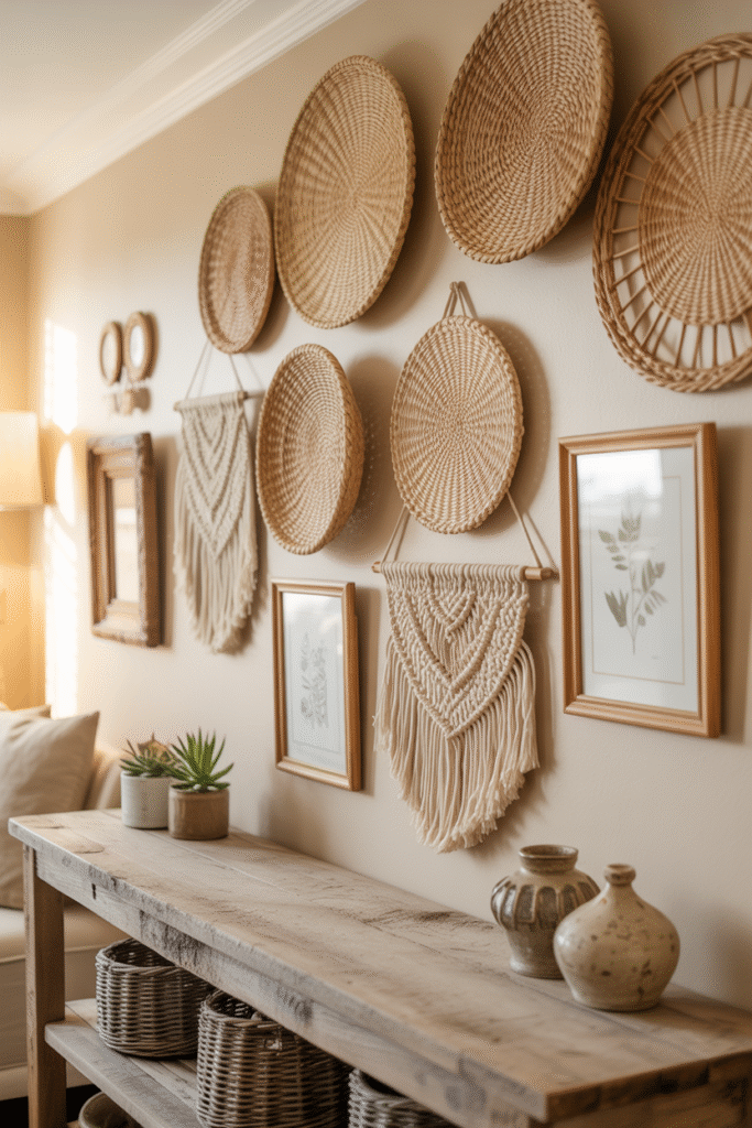 Wall decor in boho farmhouse style with handmade macrame and natural art.