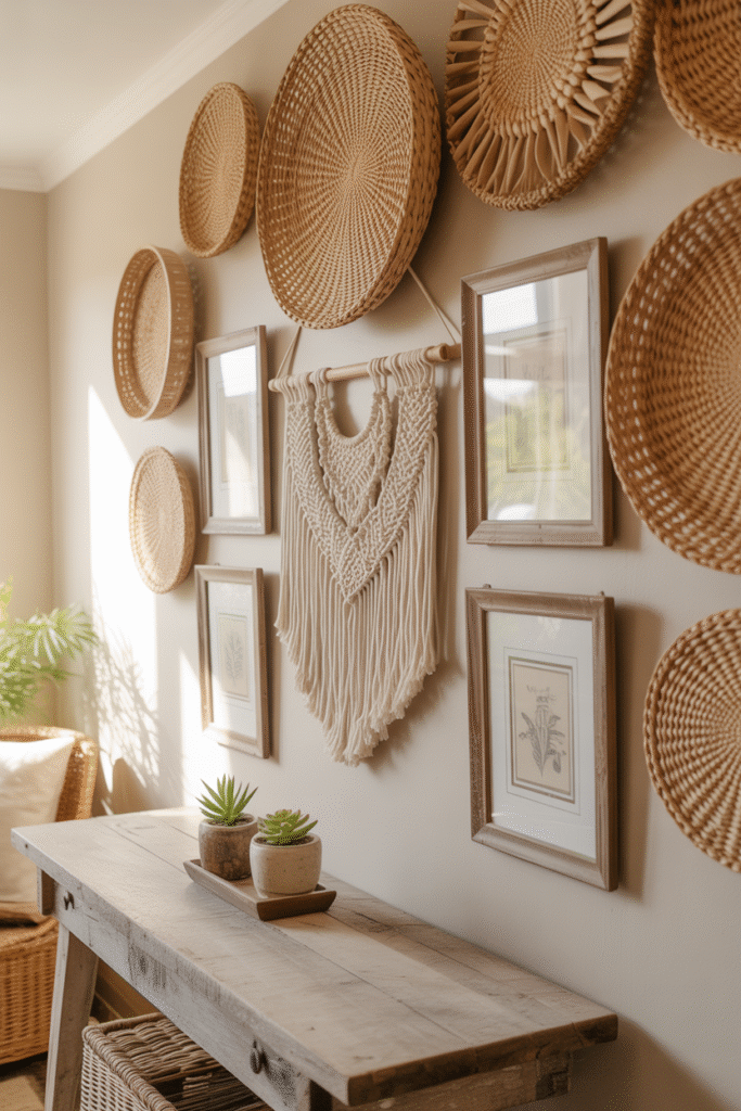 Wall decor in boho farmhouse style with handmade macrame and natural art.