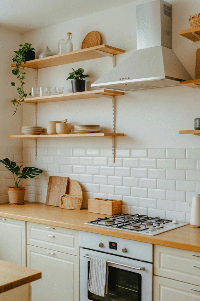 Bright kitchen featuring removable peel-and-stick backsplash and open wood shelving.
