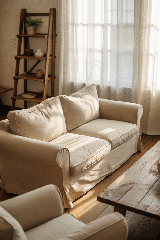 Boho farmhouse furniture setup featuring rustic wooden coffee table and linen sofa.