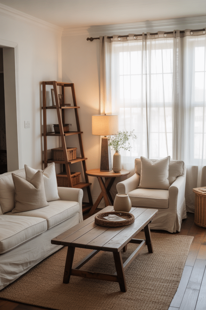 Boho farmhouse furniture setup featuring rustic wooden coffee table and linen sofa.