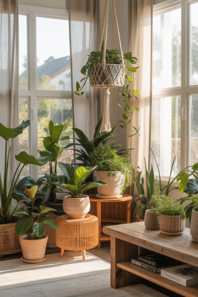Greenery-filled boho farmhouse corner with natural light and organic decor.