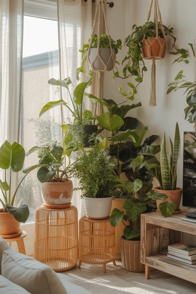 Greenery-filled boho farmhouse corner with natural light and organic decor.