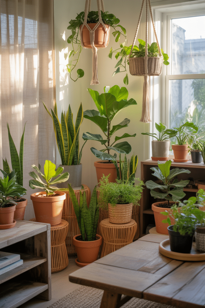 Greenery-filled boho farmhouse corner with natural light and organic decor.