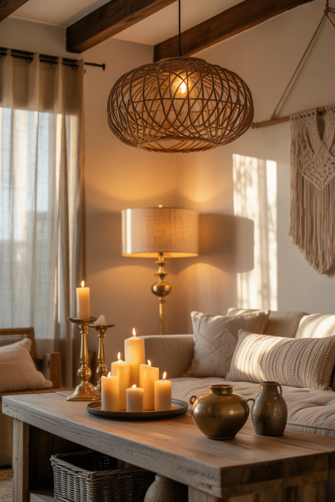 Soft warm lighting in a boho farmhouse living room with rustic charm.