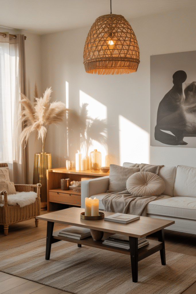 Soft warm lighting in a boho farmhouse living room with rustic charm.