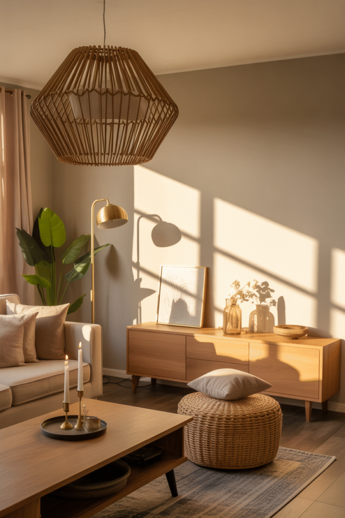 Soft warm lighting in a boho farmhouse living room with rustic charm.