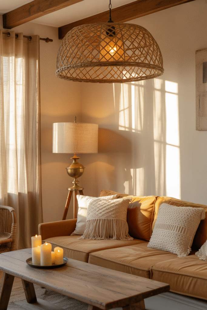 Soft warm lighting in a boho farmhouse living room with rustic charm.