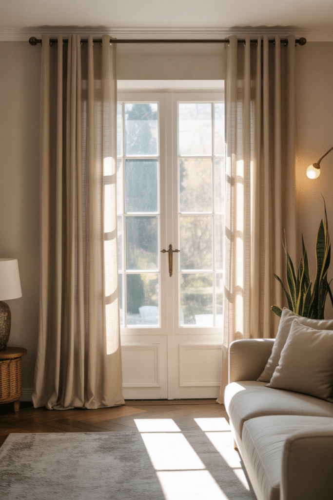 Living room with floor-to-ceiling curtains hung using no-drill tension rods.