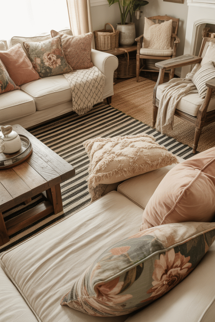 Boho farmhouse room with balanced mix of patterns and earthy textures.