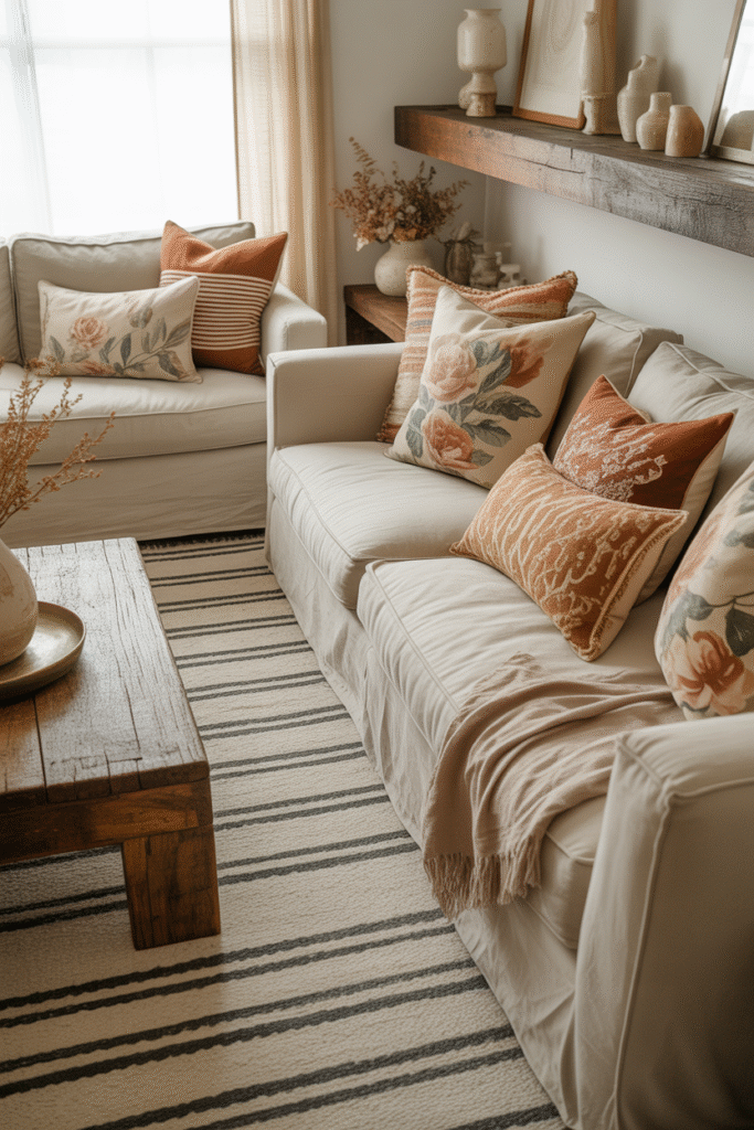 Boho farmhouse room with balanced mix of patterns and earthy textures.