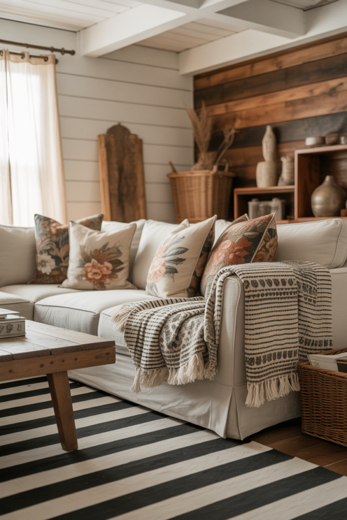 Boho farmhouse room with balanced mix of patterns and earthy textures.