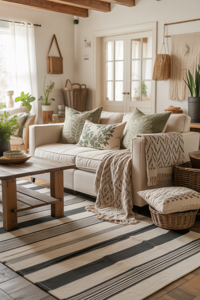 Boho farmhouse room with balanced mix of patterns and earthy textures.