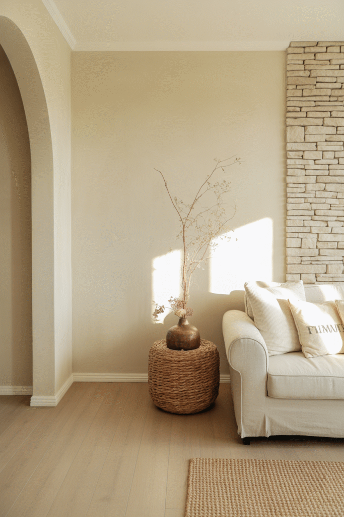 Neutral farmhouse interior foundation with light oak flooring and natural walls.