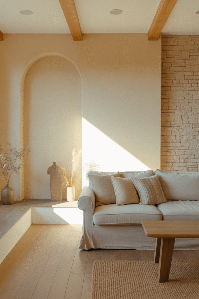 Neutral farmhouse interior foundation with light oak flooring and natural walls.