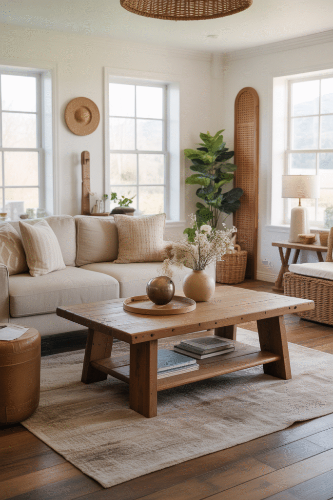 Warm boho farmhouse living room with natural textures, soft lighting, and neutral colors.
