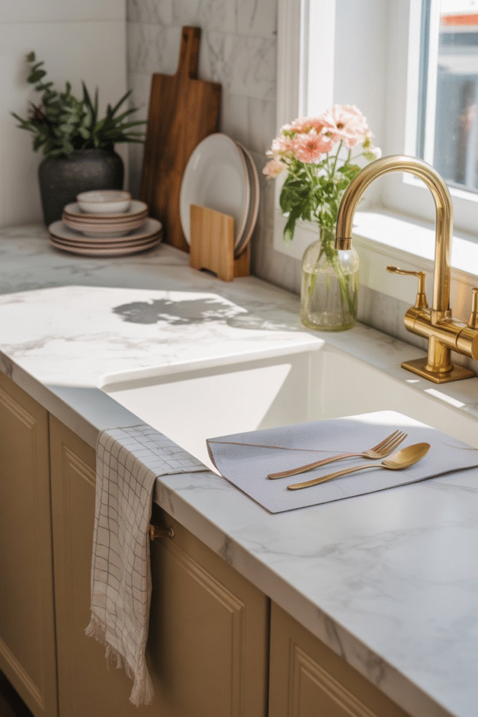 Kitchen countertop covered with marble-effect contact paper for renter-friendly design.