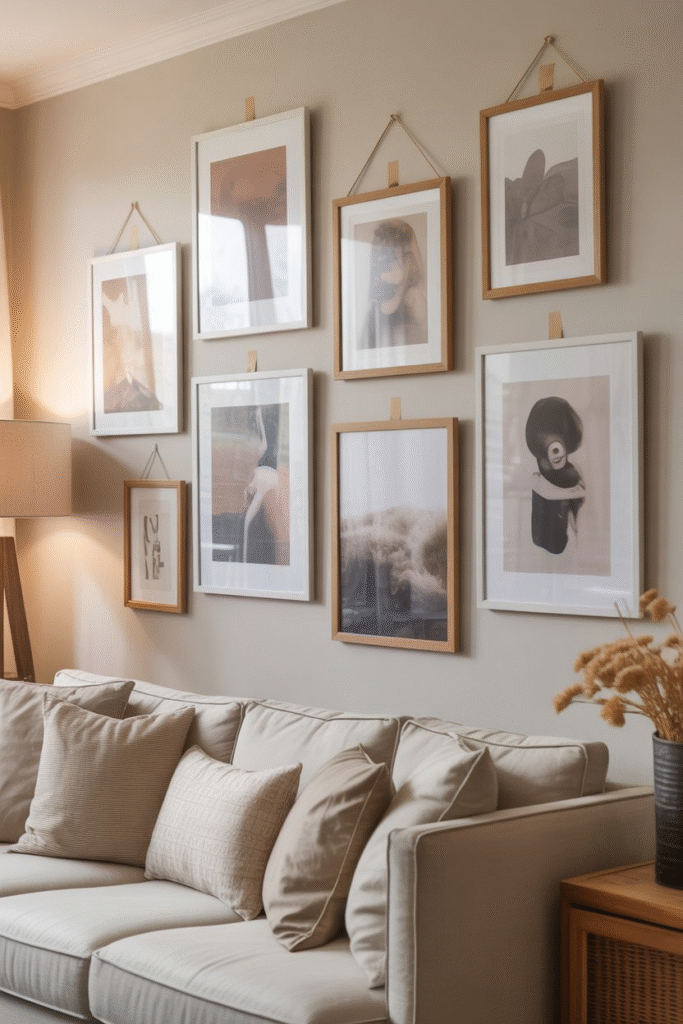 Gallery wall with adhesive-mounted frames above a cozy neutral sofa.