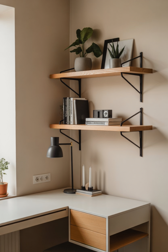 Adhesive floating shelves displaying plants and books in a modern rental home.