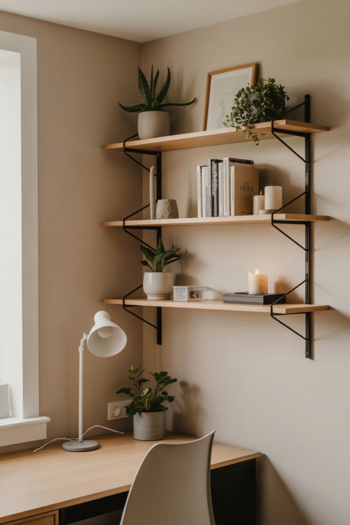 Adhesive floating shelves displaying plants and books in a modern rental home.