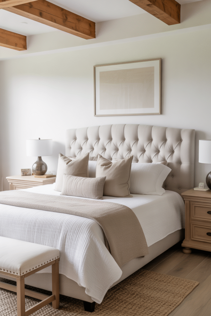Elegant bedroom featuring upholstered linen headboard with soft neutral styling.