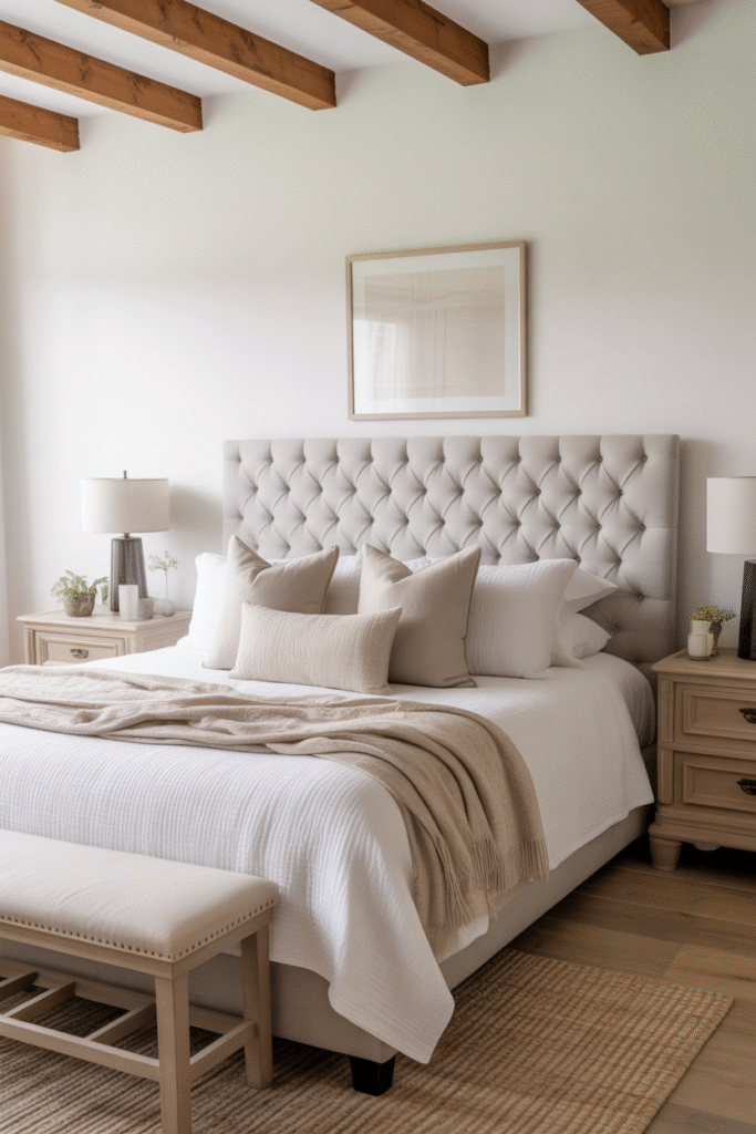 Elegant bedroom featuring upholstered linen headboard with soft neutral styling.