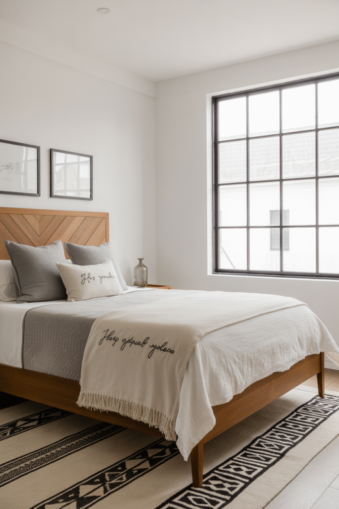 Layered rugs in bedroom featuring jute and vintage patterns for cozy depth.
