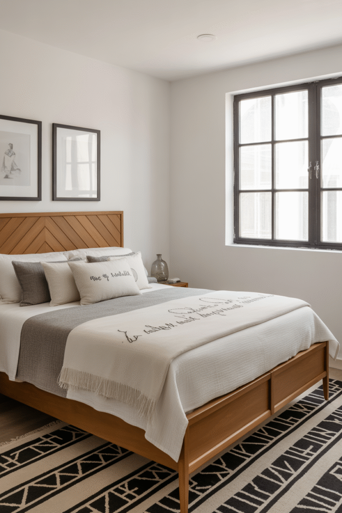Layered rugs in bedroom featuring jute and vintage patterns for cozy depth.