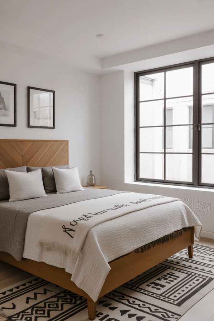 Layered rugs in bedroom featuring jute and vintage patterns for cozy depth.