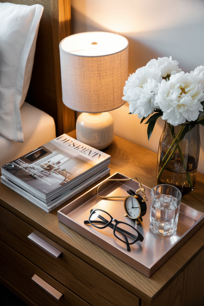 Nightstand with lamp, books, and minimal floral arrangement in soft daylight.