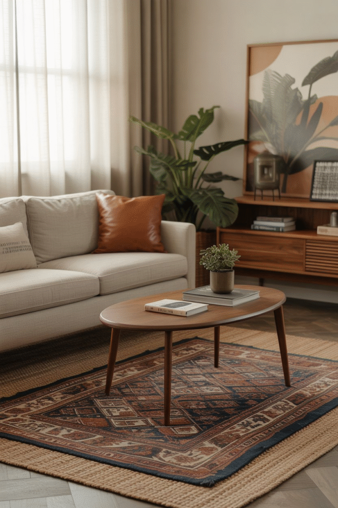 Layered rugs defining living space with cozy textures in open-plan rental apartment.