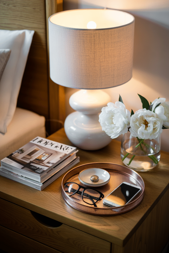 Nightstand with lamp, books, and minimal floral arrangement in soft daylight.