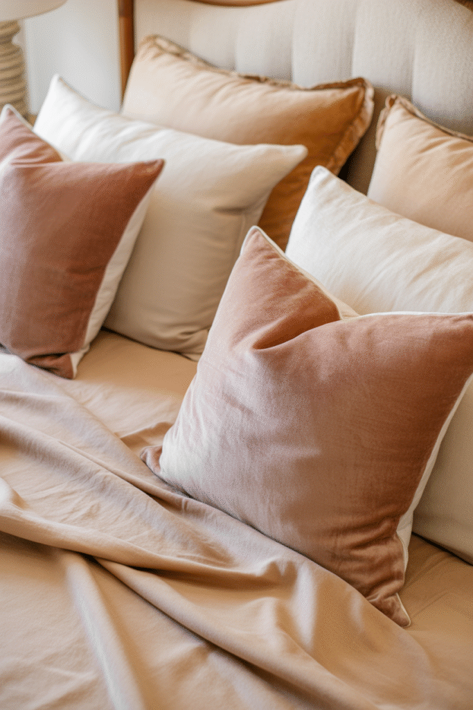 Layered pillows in mixed textures and muted colors for a cozy, elevated bedroom look.