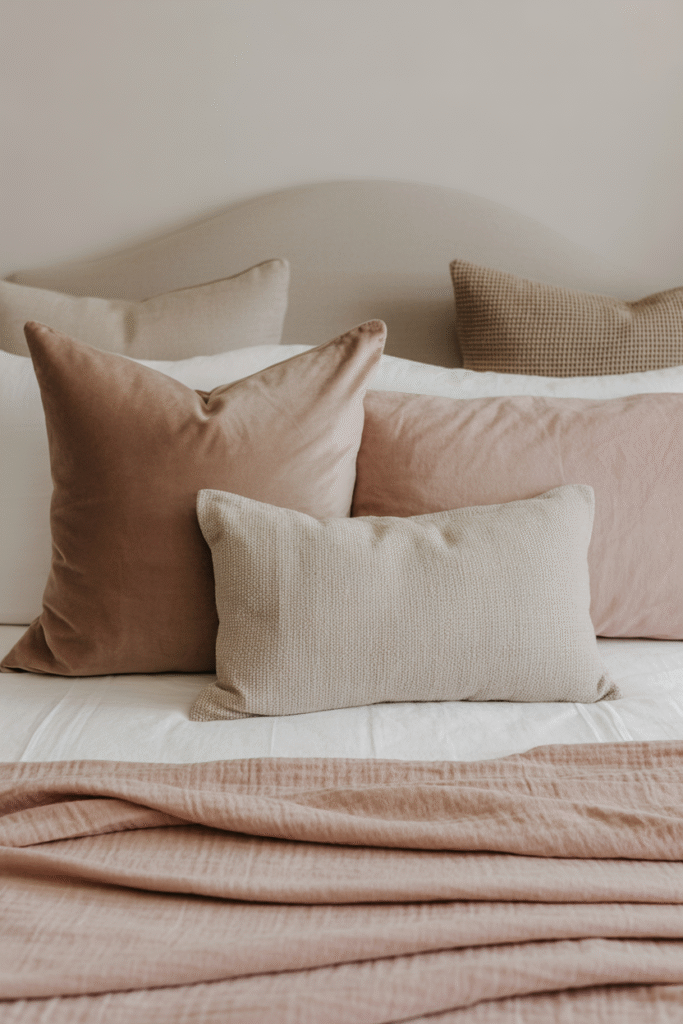 Layered pillows in mixed textures and muted colors for a cozy, elevated bedroom look.