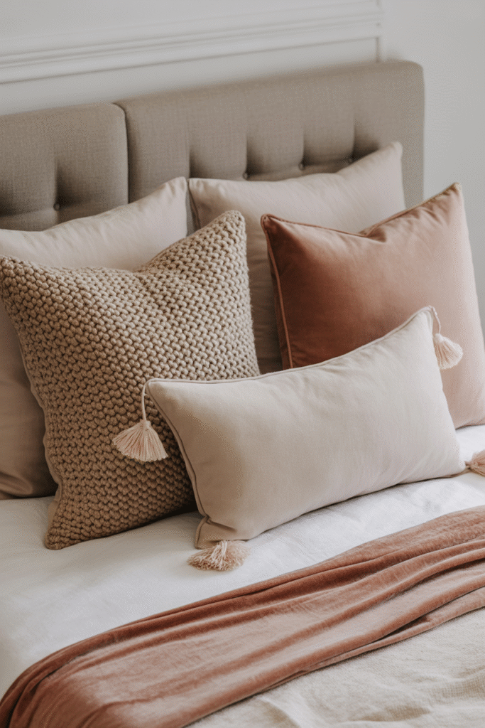 Layered pillows in mixed textures and muted colors for a cozy, elevated bedroom look.