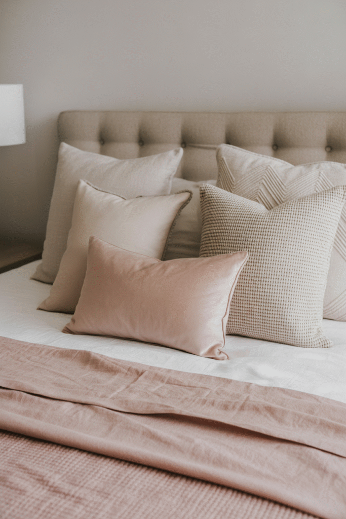Layered pillows in mixed textures and muted colors for a cozy, elevated bedroom look.