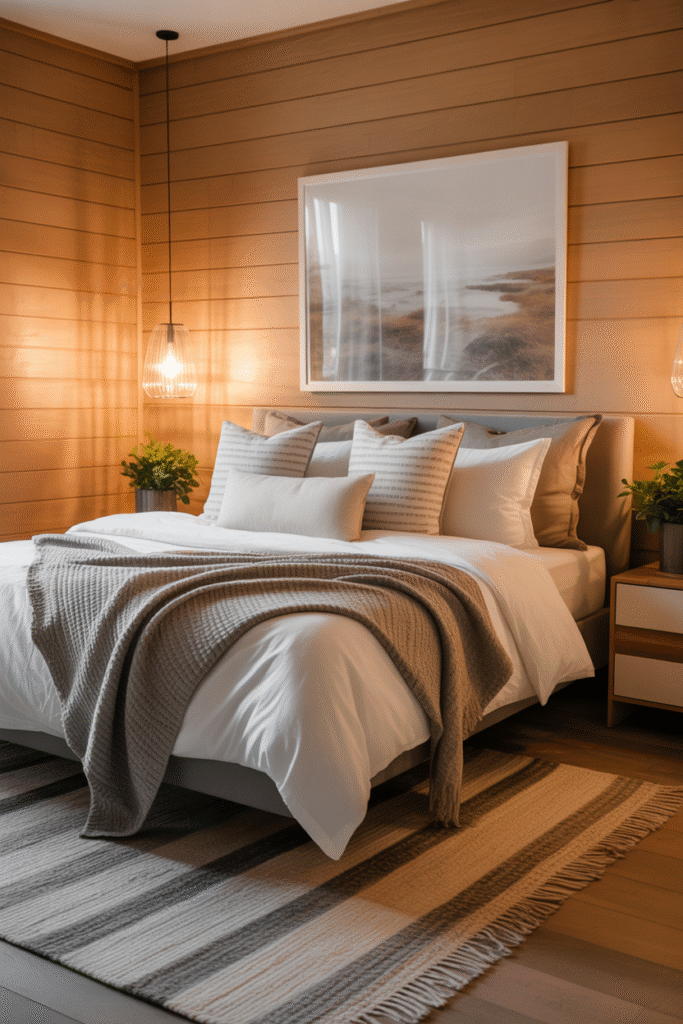Warmly lit bedroom featuring a woven pendant and soft bedside lamps.