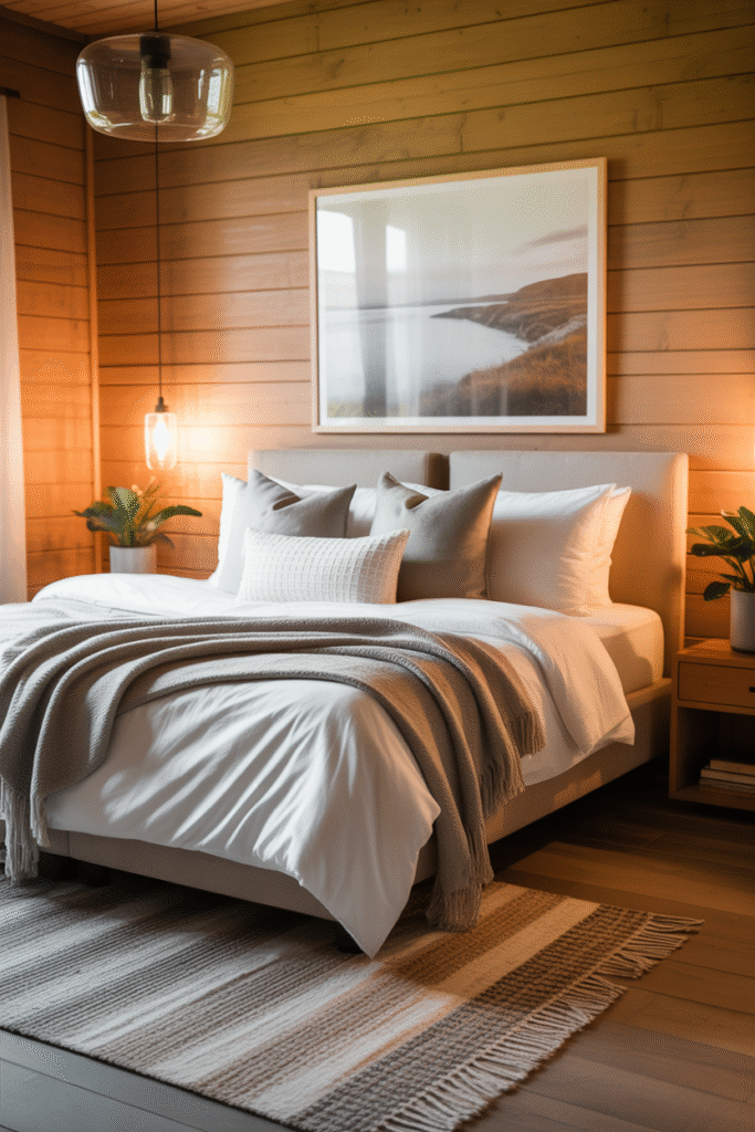 Warmly lit bedroom featuring a woven pendant and soft bedside lamps.