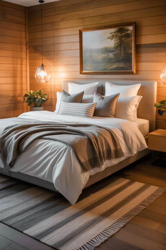 Warmly lit bedroom featuring a woven pendant and soft bedside lamps.
