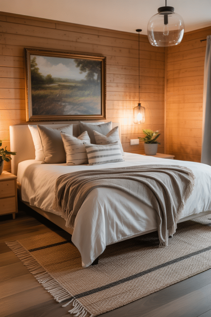 Warmly lit bedroom featuring a woven pendant and soft bedside lamps.