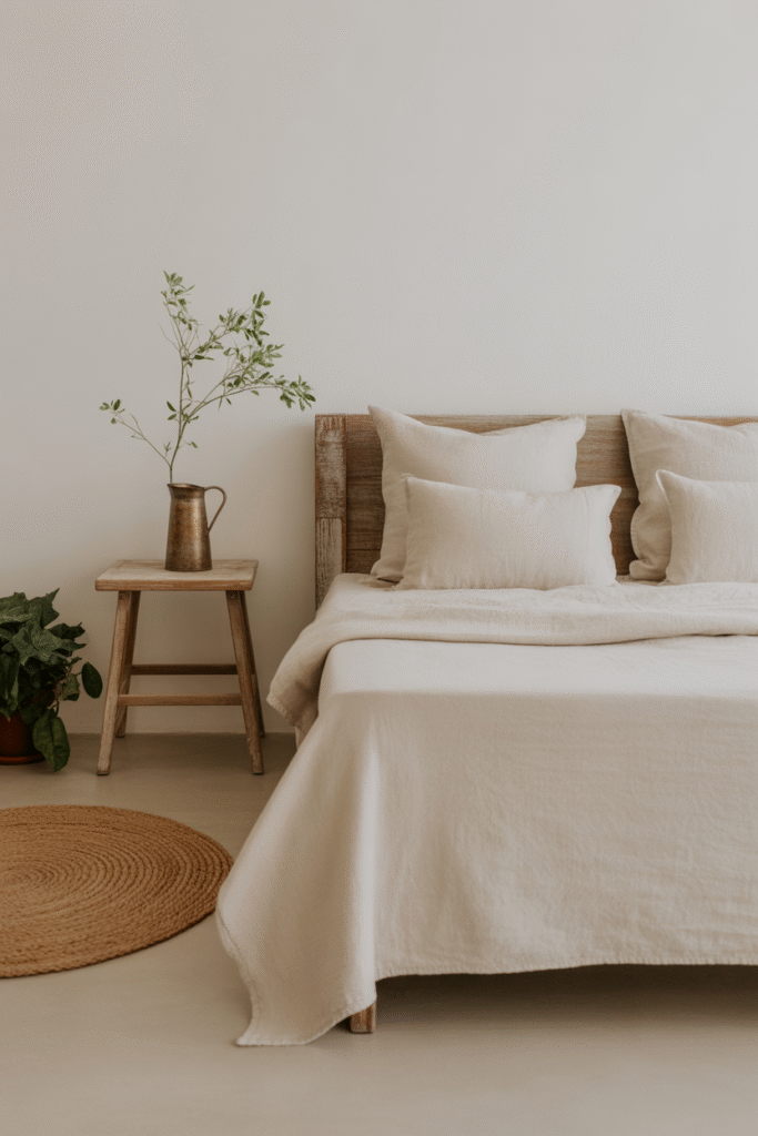 Greenery-filled bedroom with natural materials and airy light creating a serene vibe.