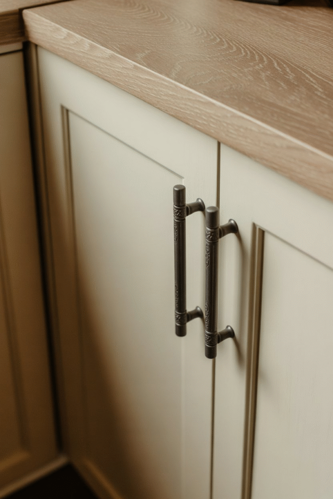 Kitchen cabinet close-up with new brass handles showing an easy renter-friendly upgrade.