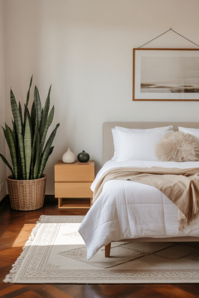 Greenery-filled bedroom with natural materials and airy light creating a serene vibe.