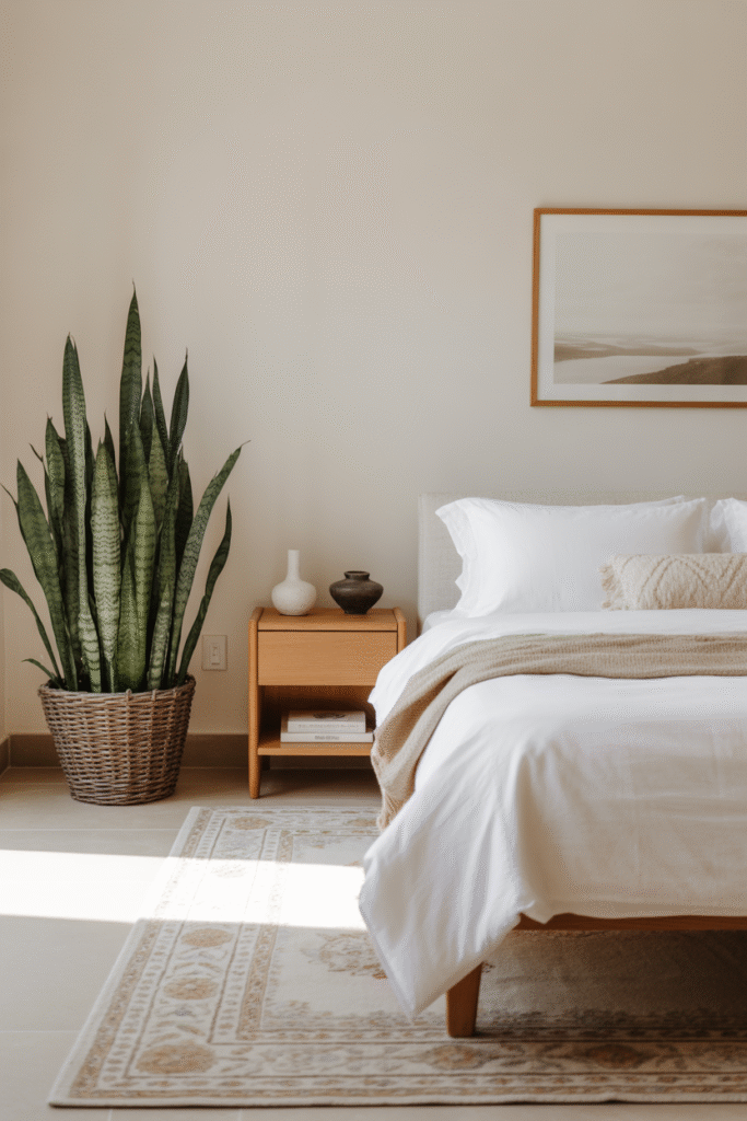 Greenery-filled bedroom with natural materials and airy light creating a serene vibe.