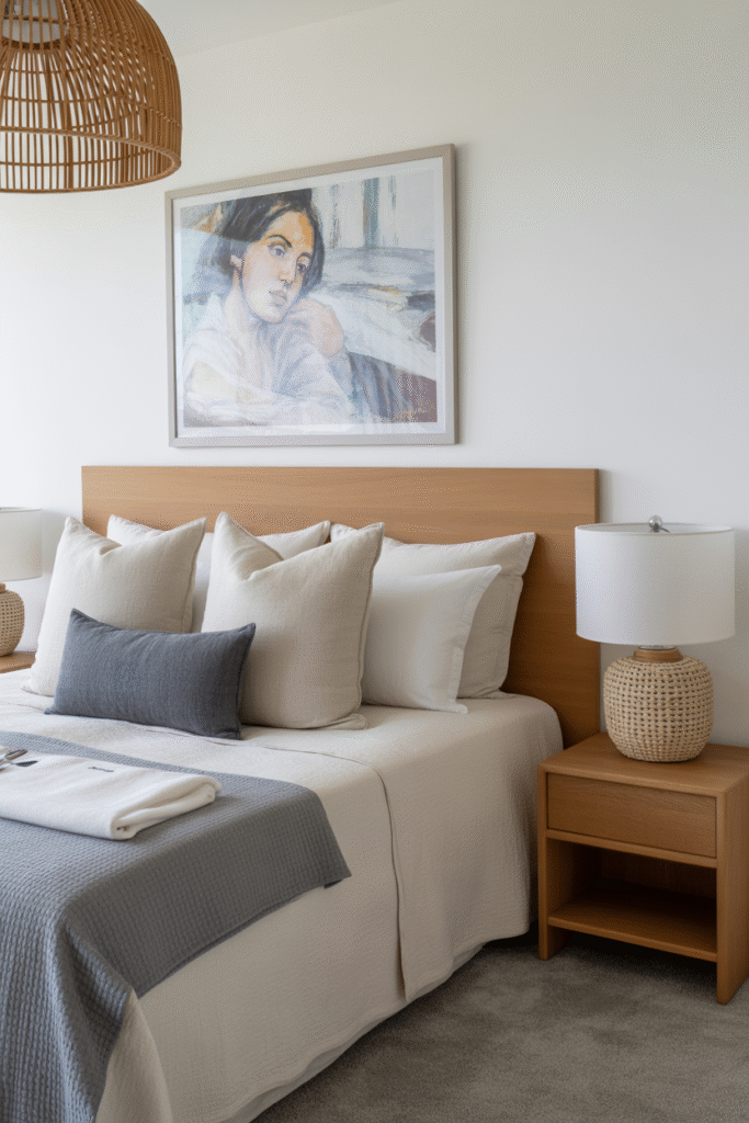 Bedroom gallery wall with curated minimalist art in warm neutral tones.