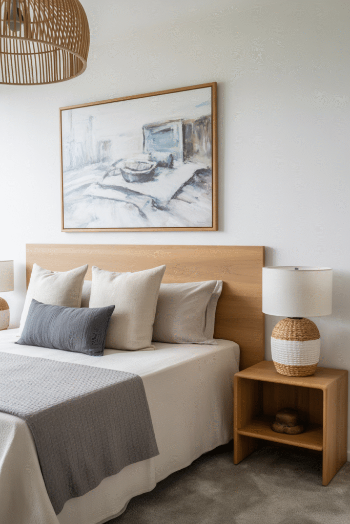 Bedroom gallery wall with curated minimalist art in warm neutral tones.