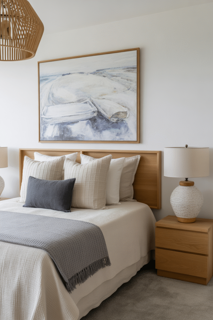 Bedroom gallery wall with curated minimalist art in warm neutral tones.
