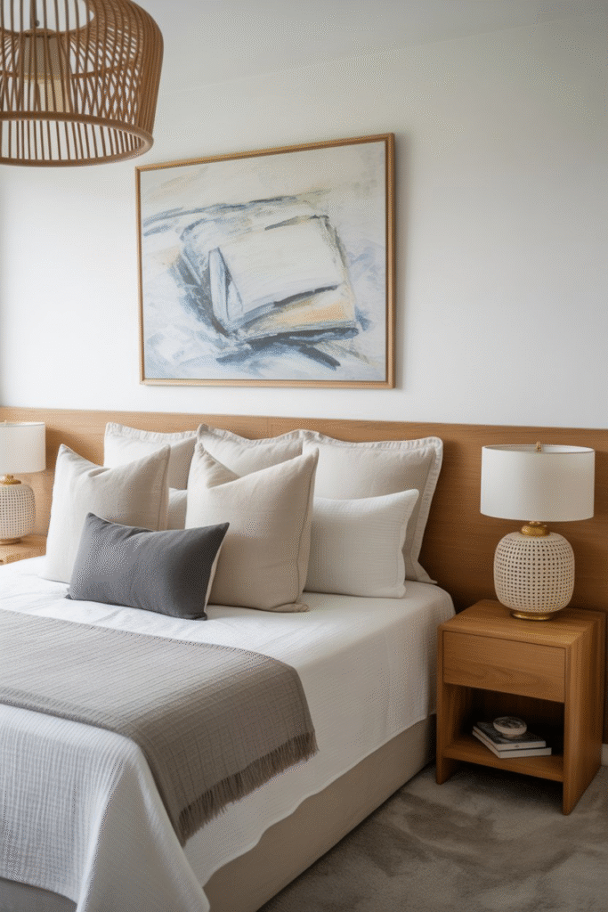 Bedroom gallery wall with curated minimalist art in warm neutral tones.