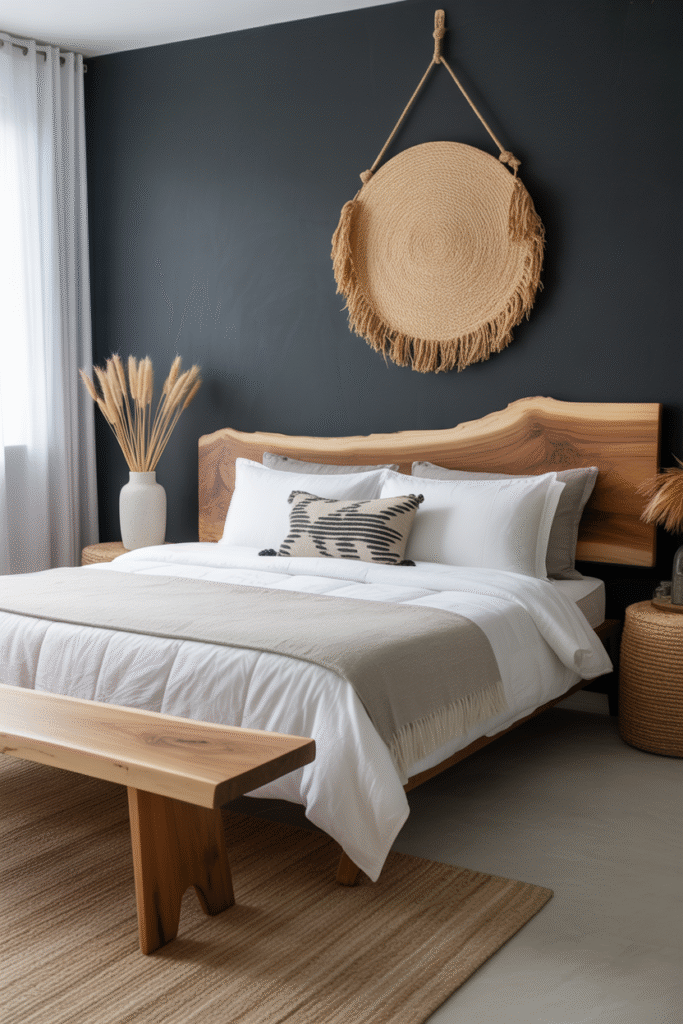 Bedroom accent wall in deep blue adding depth and elegance behind neutral bedding.