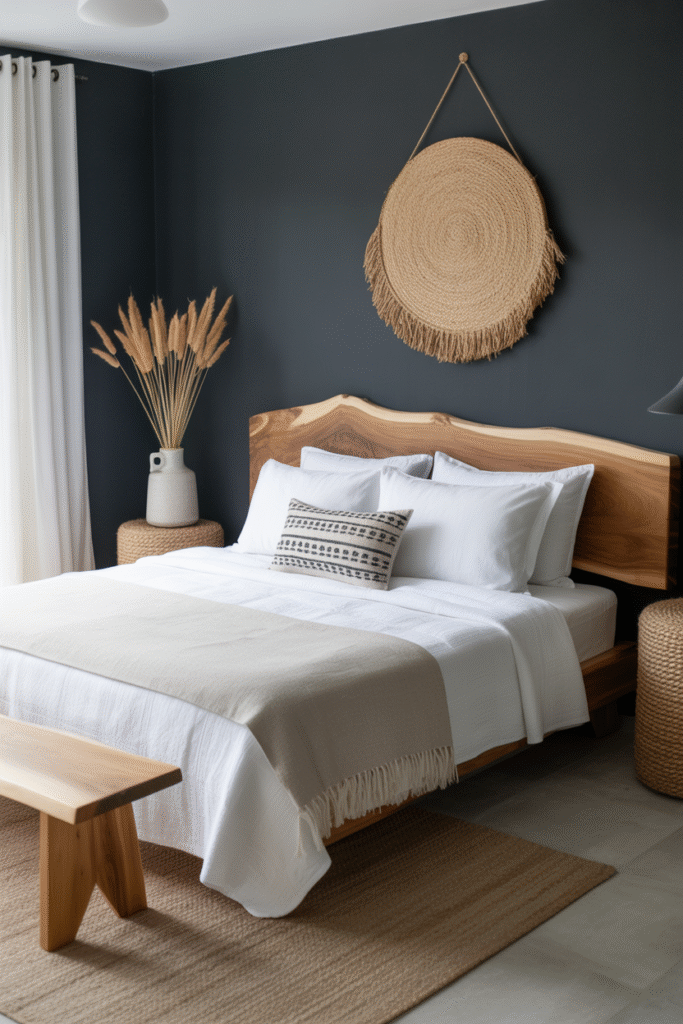 Bedroom accent wall in deep blueadding depth and elegance beh ind neutral bedding.